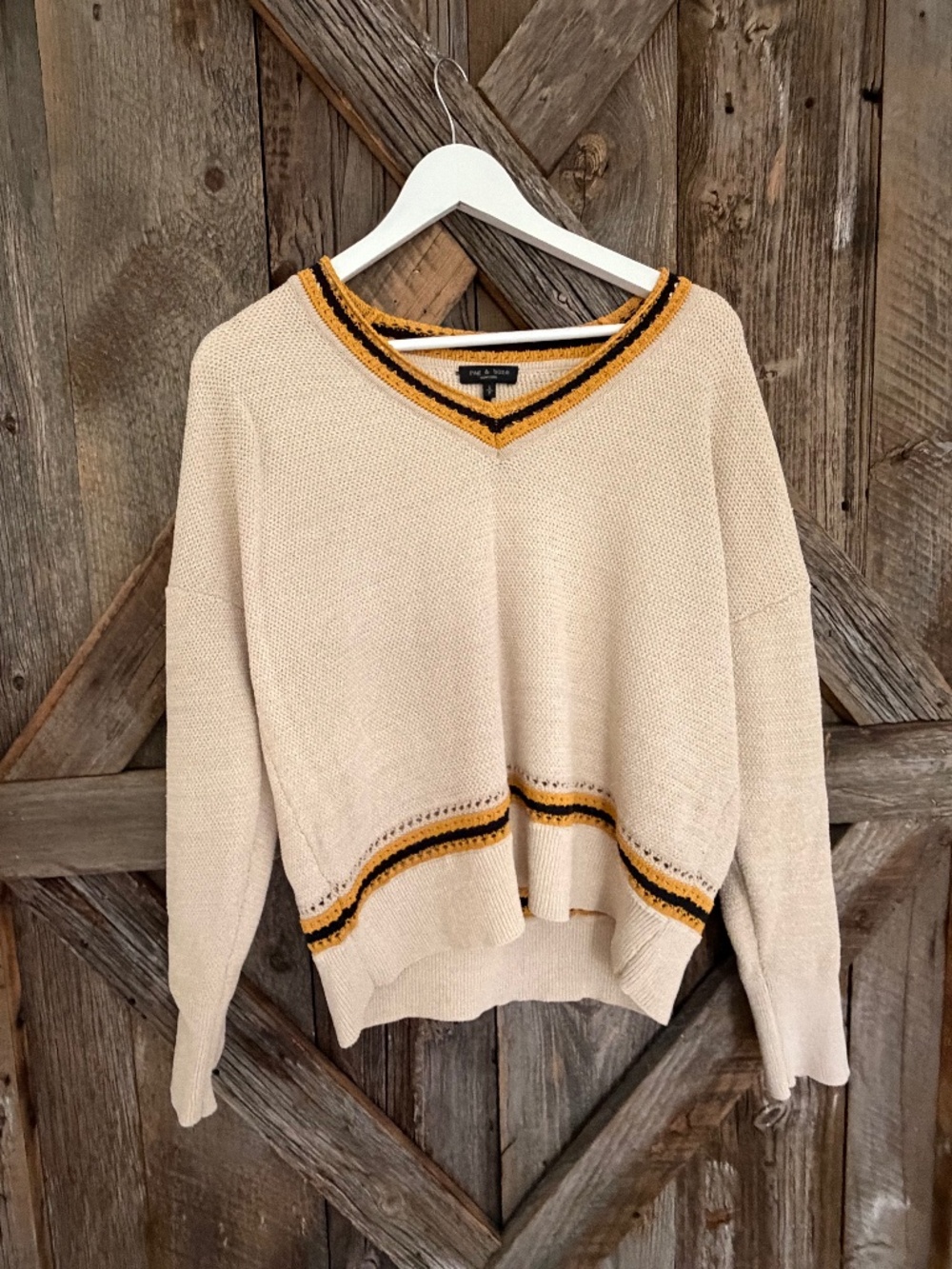 RAG AND BONE MEGHAN V NECK CROCHET TRIM IVORY CREAM SWEATER SMALL S